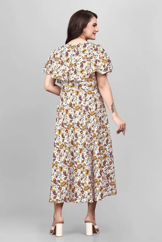Yellow mango floral flared sleeve wrap maxi crepe dress by ZELZIS


