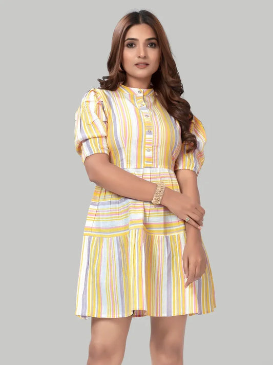 Yellow stripe fit and flare party wear cotton dress for women

