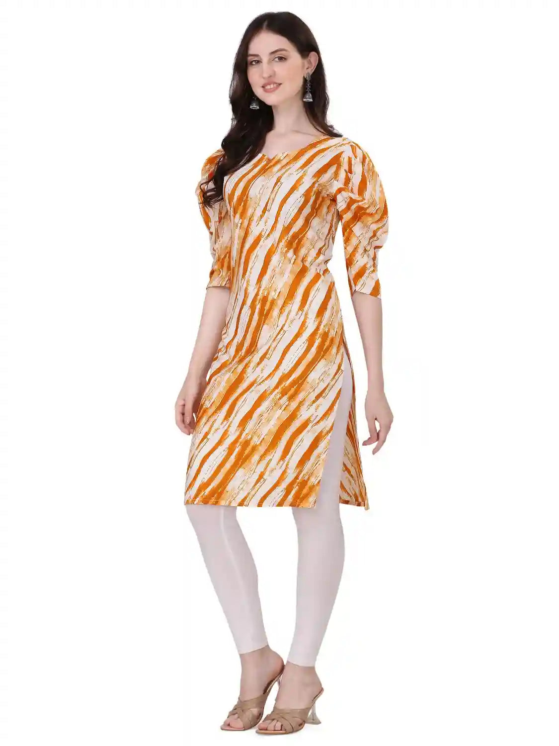 yellow mix trendy puff sleeve crepe kurti for women
