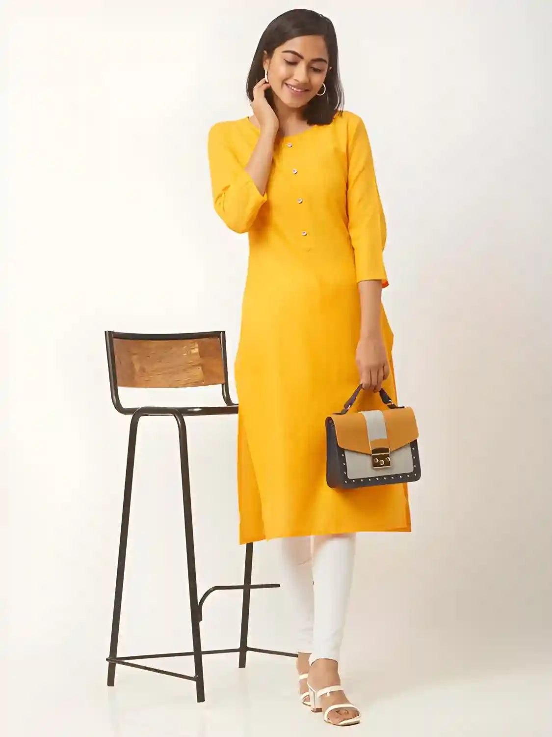 yellow straight classic A-line cotton kurti

