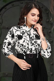 ZELZIS black and white floral crepe dress with cowl neck and full sleeves

