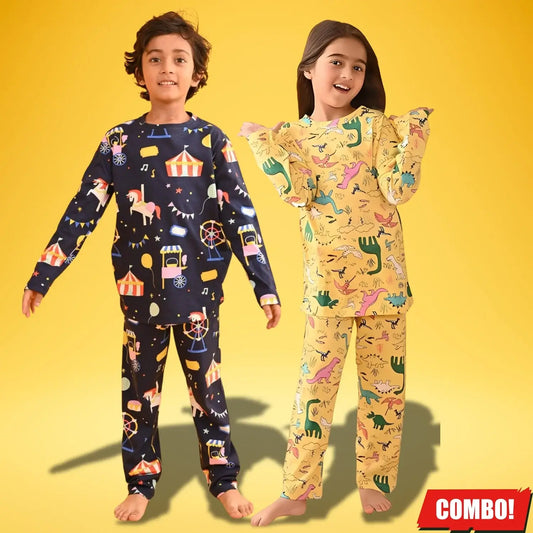 ज़ेल्ज़िस लड़कों और लड़कियों के लिए हल्के पीले और नेवी ब्लू कॉटन नाइट सूट कॉम्बो टी-शर्ट और पैंट सेट - ट्रेंडी डेली और कैज़ुअल वियर