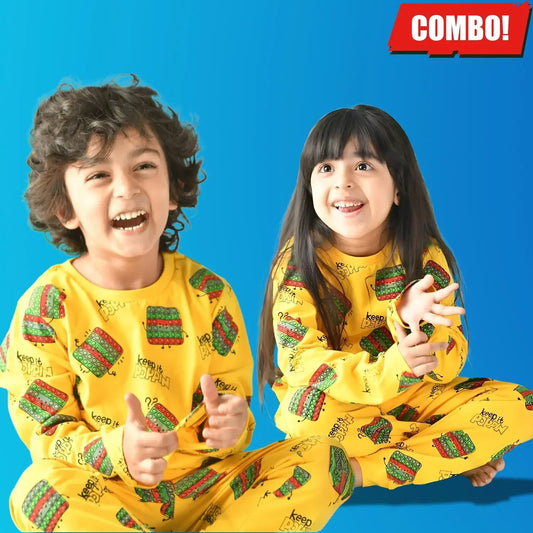 ज़ेल्ज़िस लड़कों और लड़कियों के लिए पीला कॉटन नाइट सूट कॉम्बो टी-शर्ट और पैंट सेट - ट्रेंडी डेली और कैज़ुअल वियर