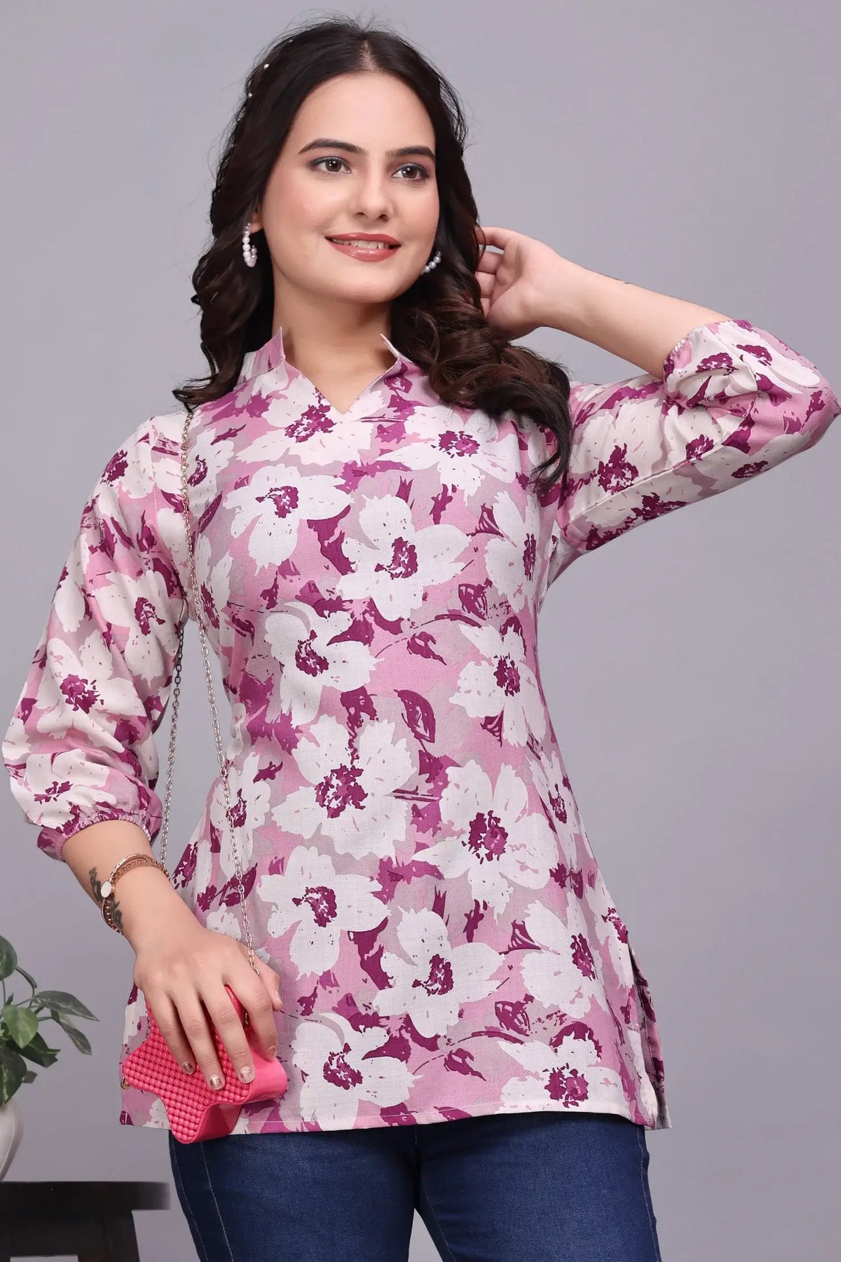 Pink Floral Cotton Tunic Top for Women – Stylish & Comfortable Casual Wear