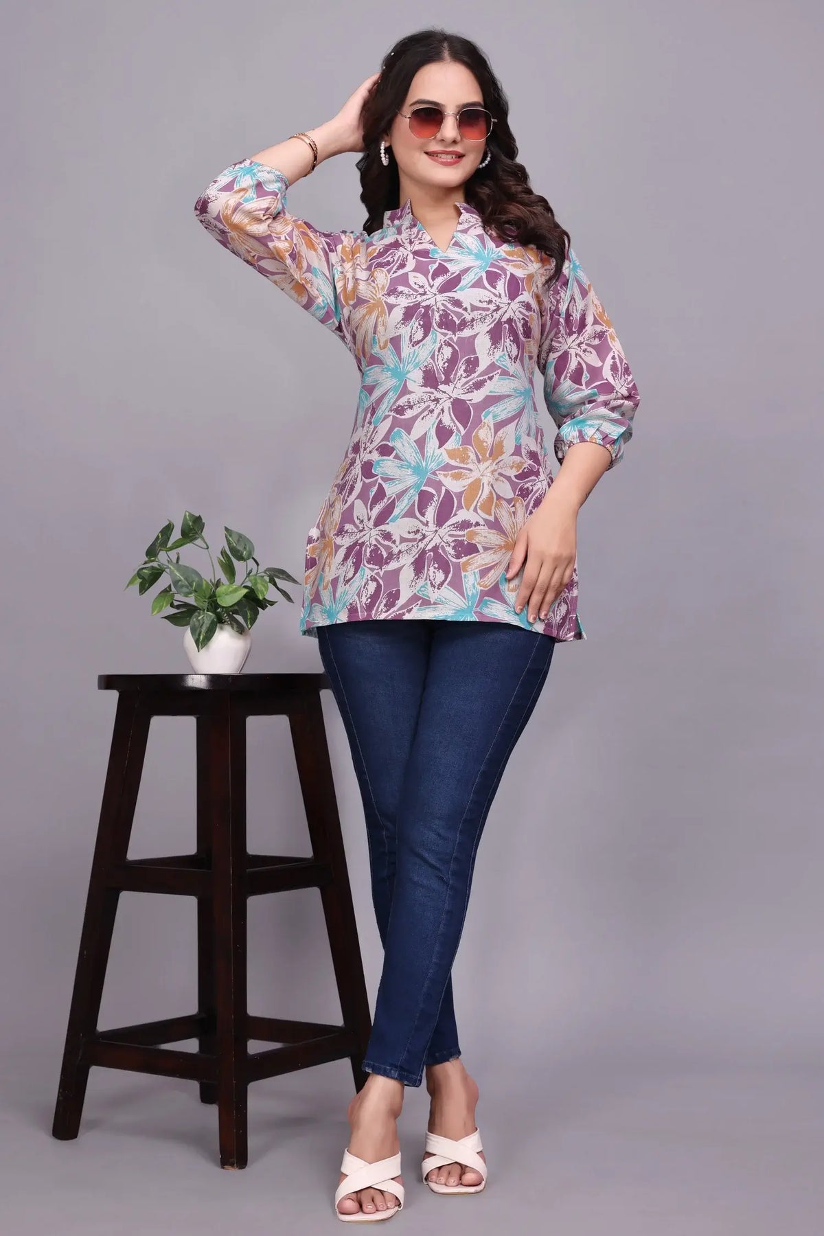 purple Floral Cotton Tunic Top for Women - Casual & Stylish Wear