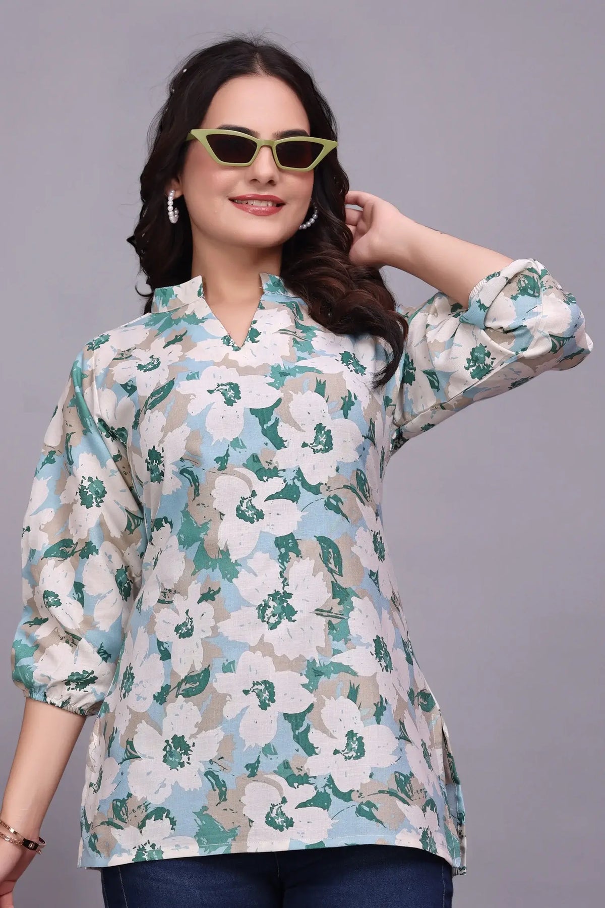 Green Floral Cotton Tunic Top for Women – Stylish & Comfortable Casual Wear