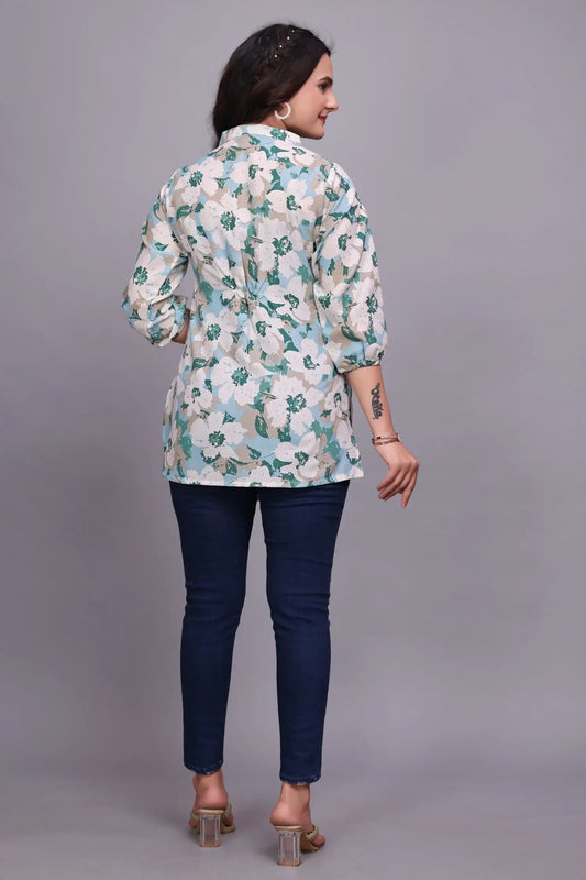टील फ्लोरल ट्यूनिक - महिलाओं और लड़कियों के लिए सुंदर कॉटन टॉप
