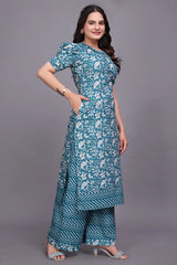 Teal Women Cotton Kurti with Palazzo Set - Stylish Ethnic Wear