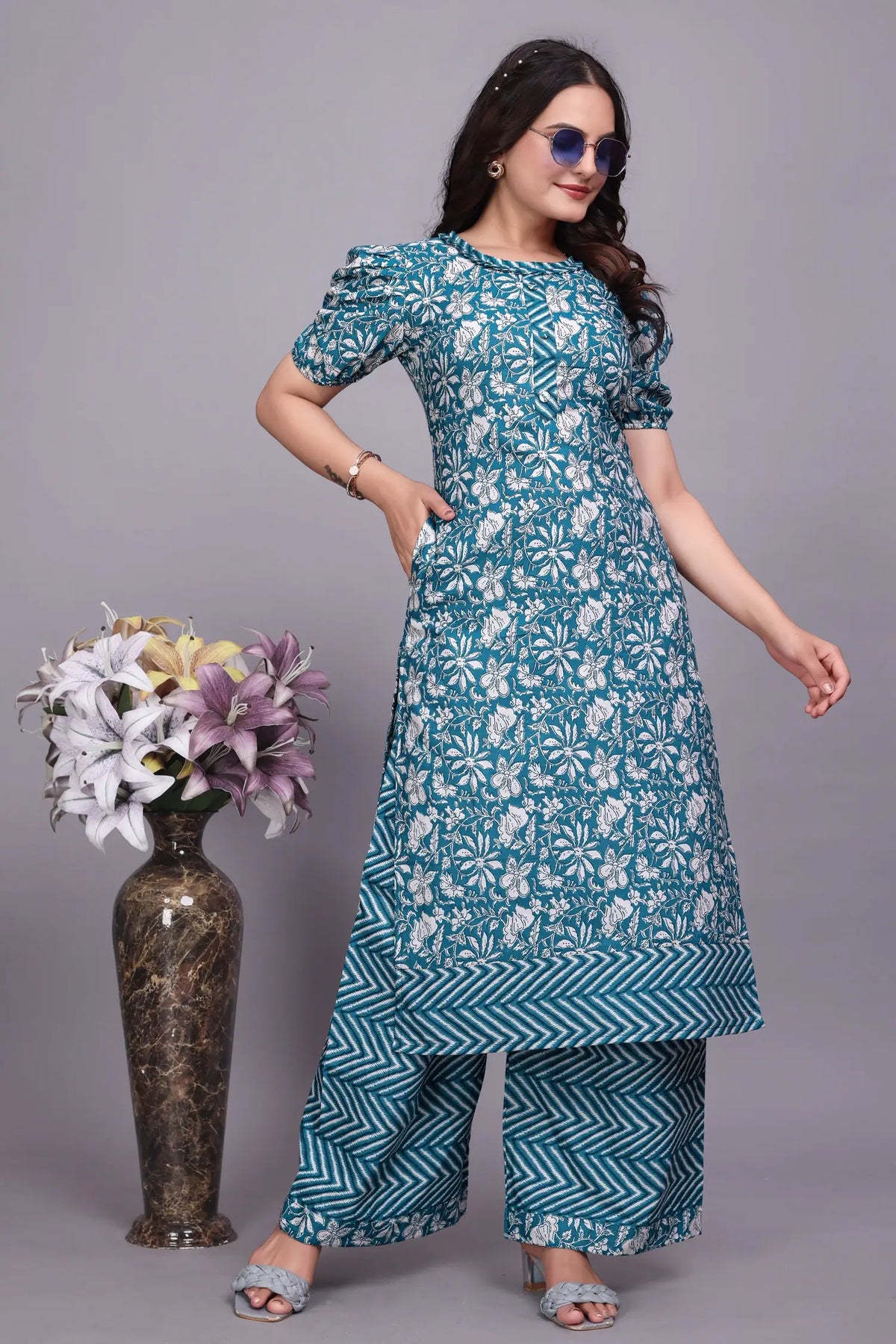 Teal Women Cotton Kurti with Palazzo Set - Stylish Ethnic Wear