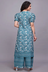 Teal Women Cotton Kurti with Palazzo Set - Stylish Ethnic Wear