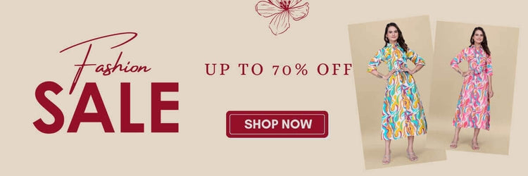 Fashion sale banner with two women wearing colorful dresses and a 'Shop Now' button.