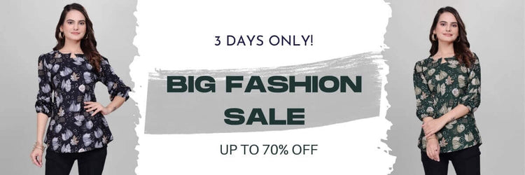 Woman wearing a floral dress with promotional text for a big fashion sale.