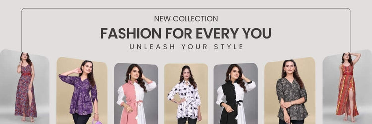 Promotional banner for a new fashion collection with models wearing various outfits.