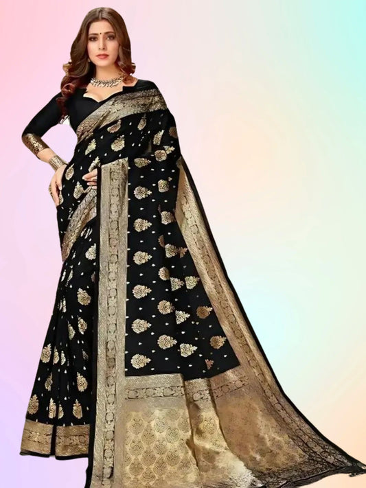 zelzis fashion online shopping Black  Woven Self Design Cotton Silk Jacquard Sarees With Unstich Blouse Piece