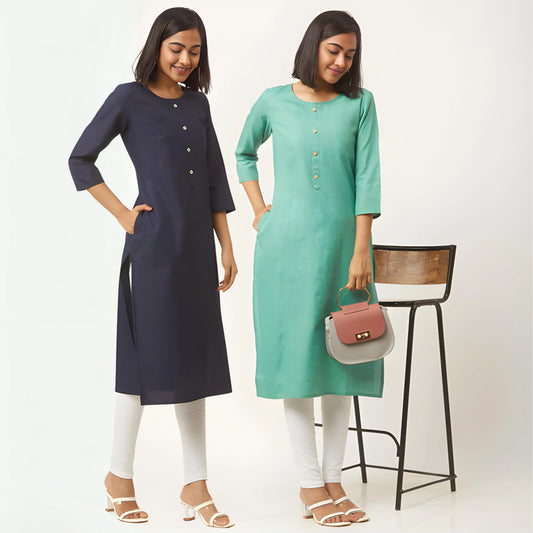 zelzis fashion online shopping Blue & Light Green Straight Plain Casual Wear Cotton Combo Kurtis