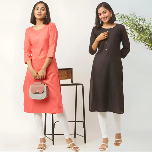 zelzis fashion online shopping Pink & Black Straight Plain Casual Wear Cotton Combo Kurtis