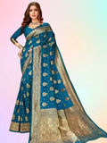 zelzis fashion online shopping Teal Woven Self Design Cotton Silk Jacquard Sarees With Unstich Blouse Piece