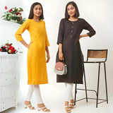 zelzis fashion online shopping Yellow & Black Straight Plain Casual Wear Cotton Combo Kurtis